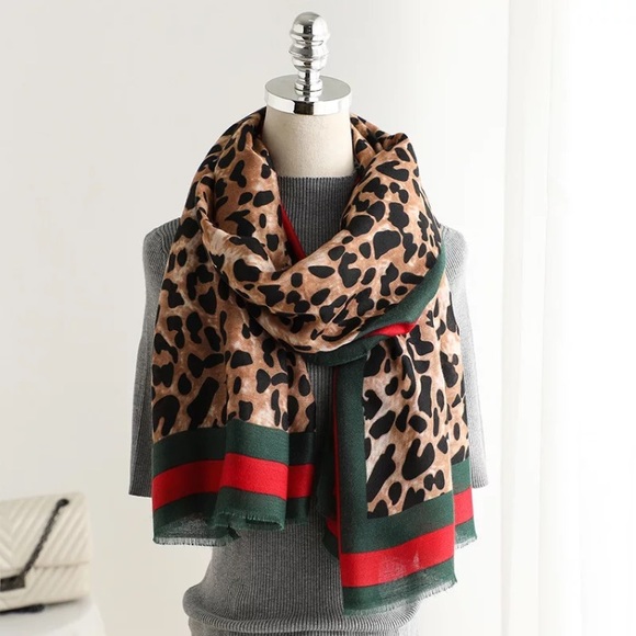Accessories - Spring Leopard print scarf with green/red stripes